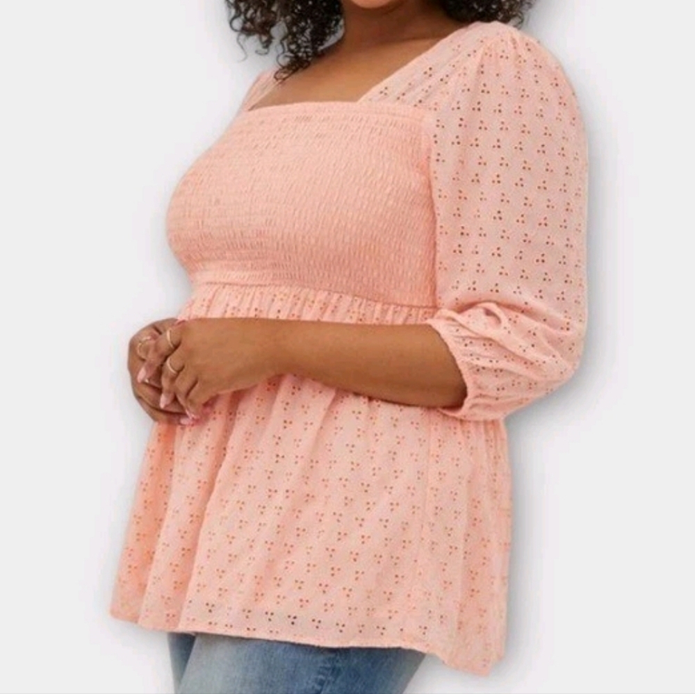 Torrid Coral Peach Smocked Babydoll Voile Eyelet Top Size 1X